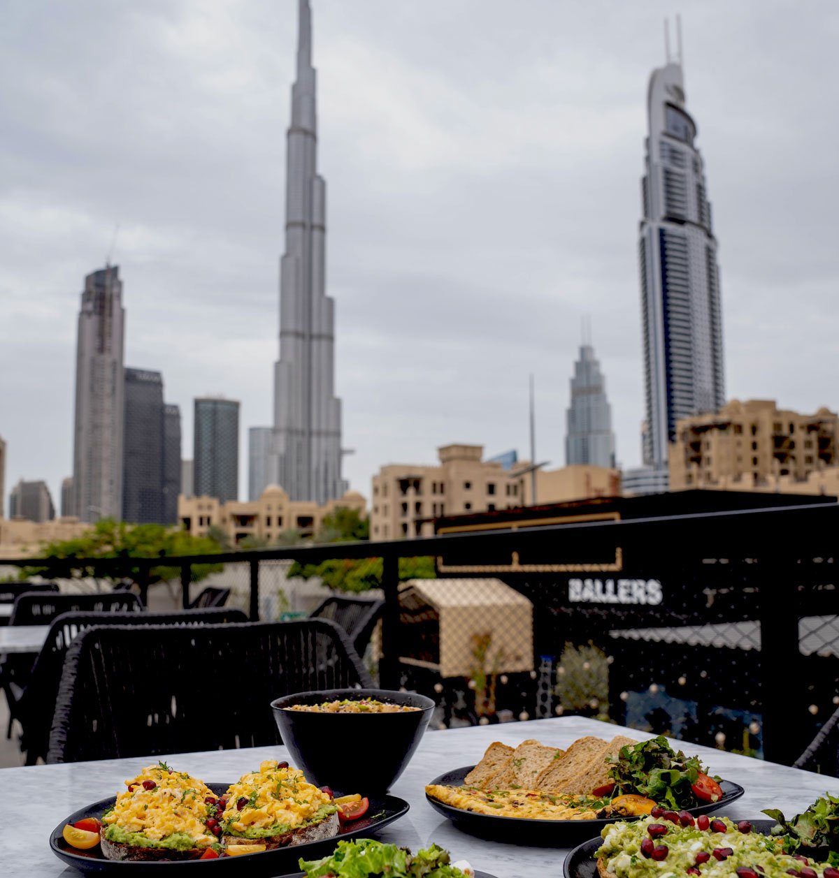 Terrace table at the café with the Burj Khalifa beyond